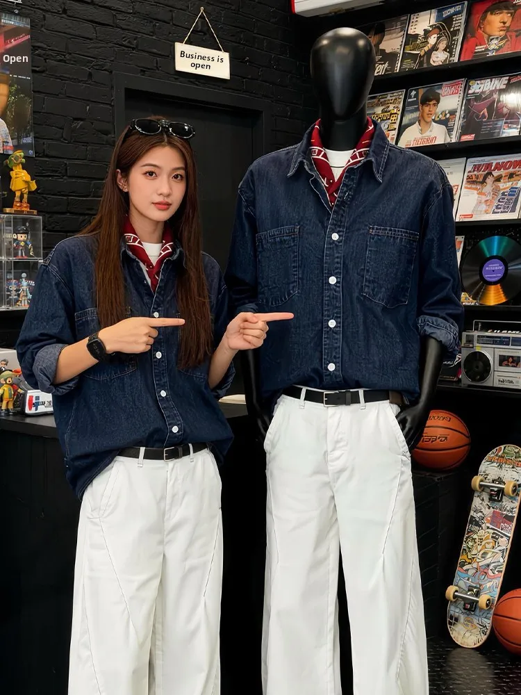 

Deep Blue Korean Style Men's Denim Shirt Long Sleeve Collar Stand up Winter Fashion Casual Wearable as an Inner Layer