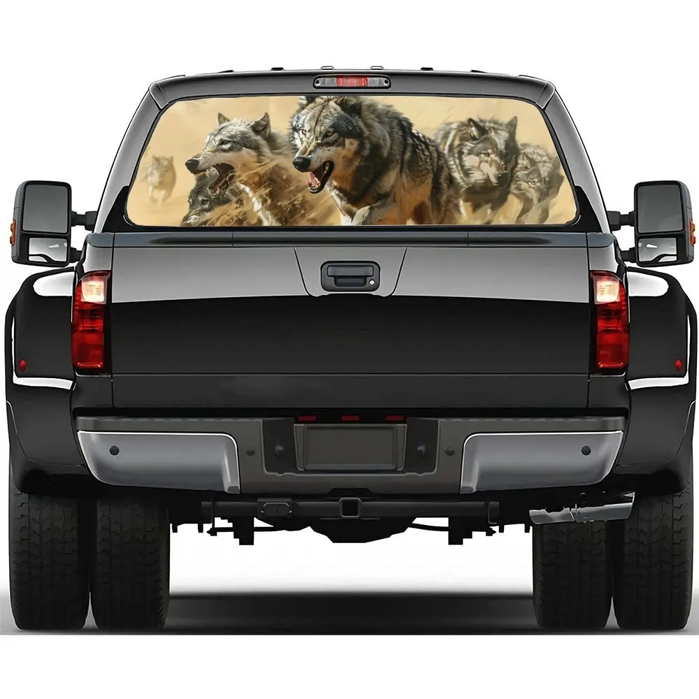 

Wolf Packs Fighting for Food in Desert Car Rear Windshield Sticker Truck Window See Through Perforated Back Window Vinyl Decal