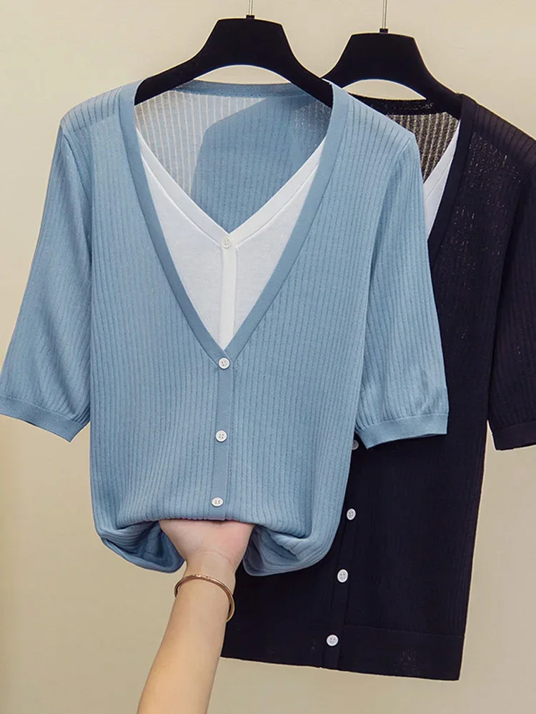 

Oversized Women clothing Sweater Loose V-Neck Stitching color Short sleeve Female Knitted Pullover Casual Women Sweater Knitwear