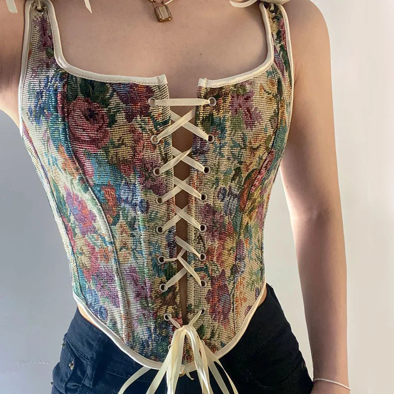 Women Sexy  Cross Bandage Bustiers Crop Top U-Neck Cross Strappy Tank Tops Vintage Flowers Print Bow Straps Corsets