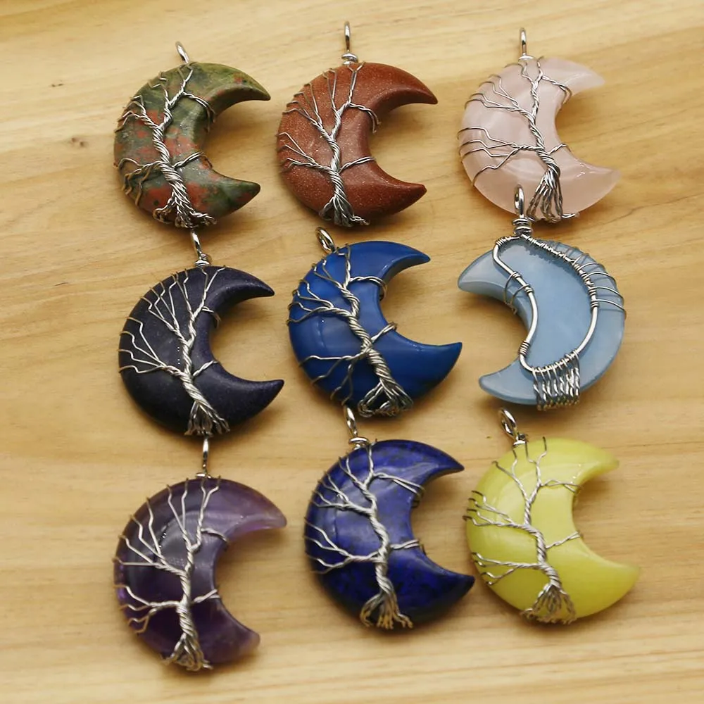 Natural Crystal Agate Moon Tree Of Life Pendant Handmade Silver Twine Necklace Fashion Charm Jewelry Accessories Wholesale 5Pcs