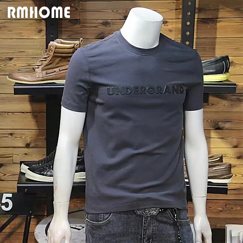 

3D Letter T-shirt Men's Short Sleeve 2023 Summer New Underlay Tees Shirt Simple O-Neck Mercerized Cotton Fashion Trend Clothing