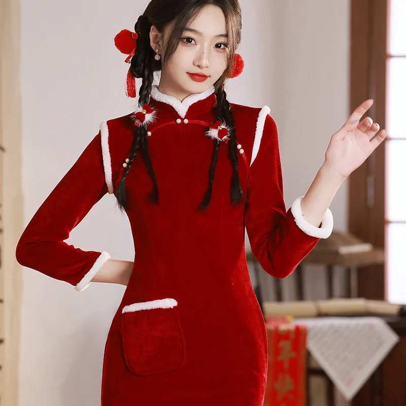 Red Bride Qipao Chinese Traditional Dress Autumn Winter Improvement Thickened Cheongsam Elegant Temperament Christmas Dresses