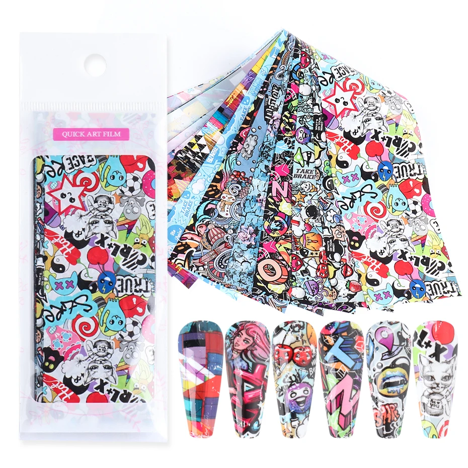 10pcs Personality Graffiti Slider Nail Foil Sticker Set Colorful Sexy Girls Love Heart Nail Decals Starry Paper Manicure LY4122