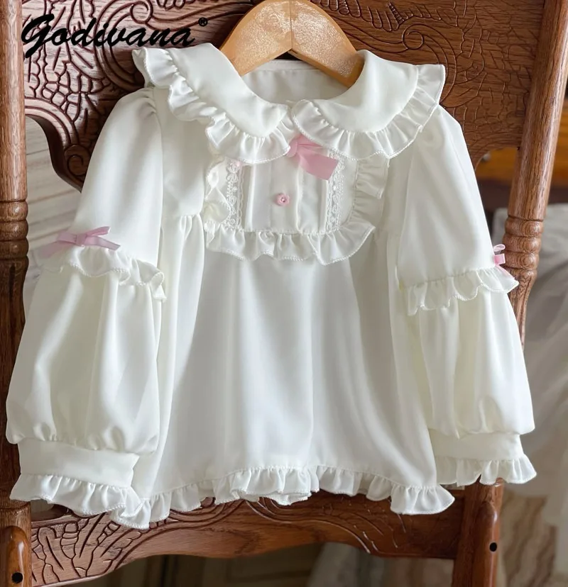 

Sweet Little Girls 2026 New Spring and Autumn Long Sleeve Solid Blouse Peter Pan Collar Bow Cute Rabbit White Bottom Shirt Tops