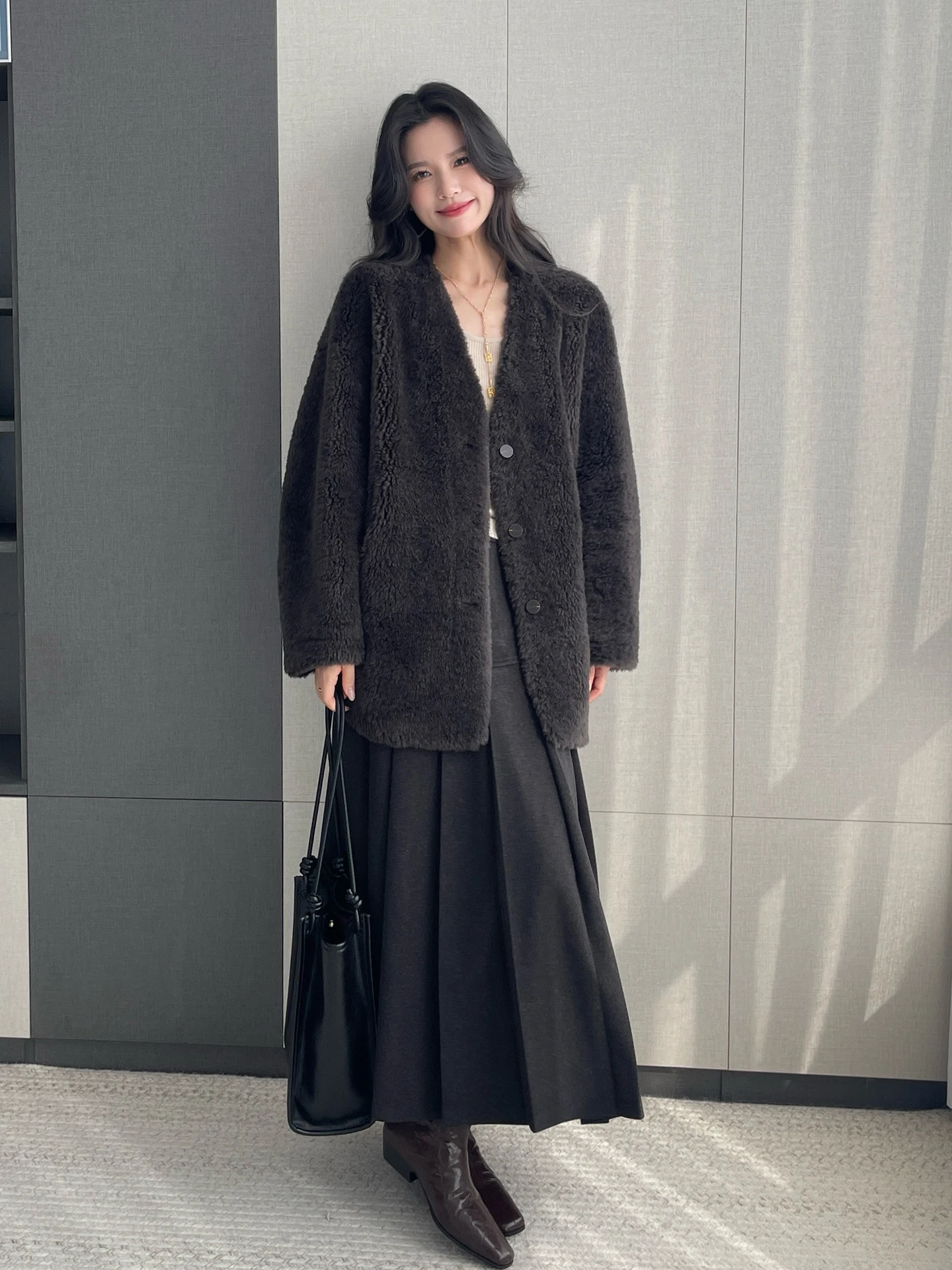 

00% шерсть, женская шуба из овечьего меха, бархатная куртка из овчины Jaet Long Sve V-Ne, удобная теплая корейская куртка средней длины