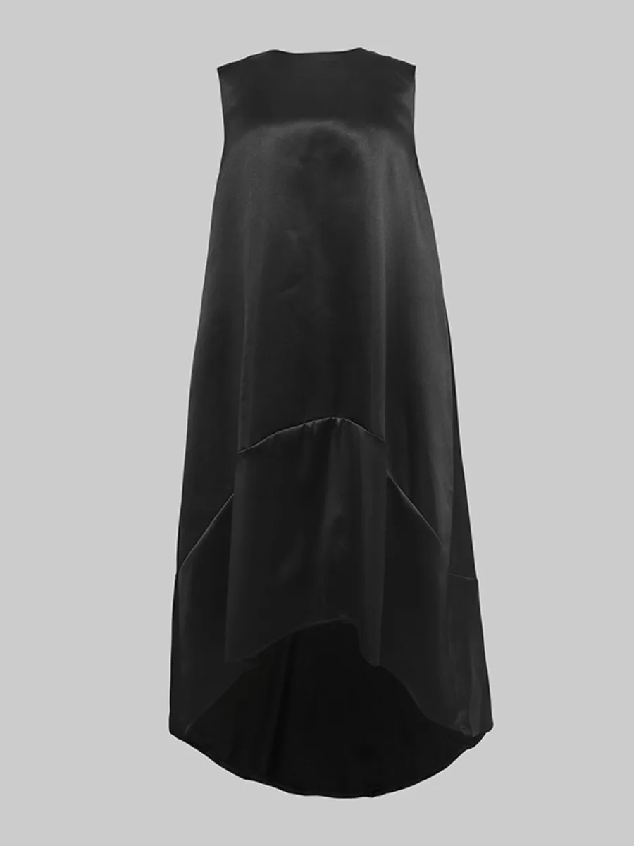 Freeacy Women Elegant Solid Black Sleeveless Crew Neck Dress 2026 Stylish Asymmetric High Low Hem Cocktail Party Midi Dresses