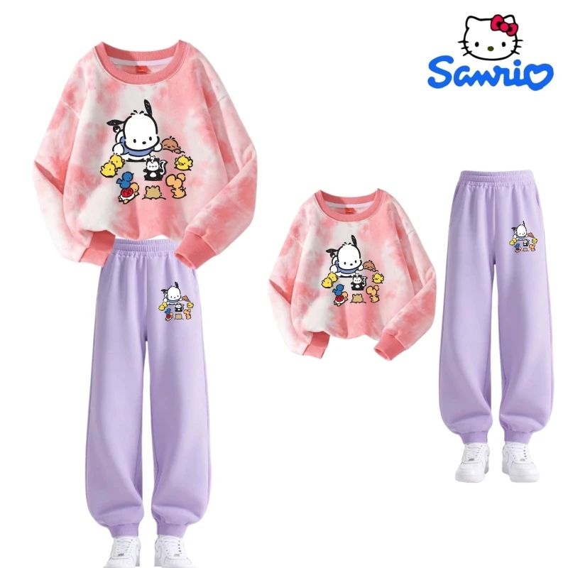 

Комплект одежды Sanrio для маленьких девочек, осенние детские толстовки с принтом Pochacco, пуловер, топ и штаны с принтом тай-дай, костюм из 2 предметов, детские спортивные костюмы