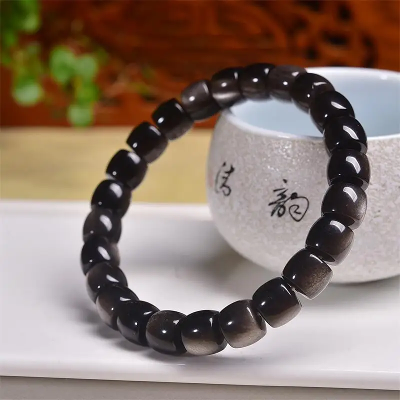 

9 мм натуральный серебряный браслет из бисера обсидиана женская мода Рейки целебная энергия драгоценный камень наручные украшения праздничный подарок 1 шт.