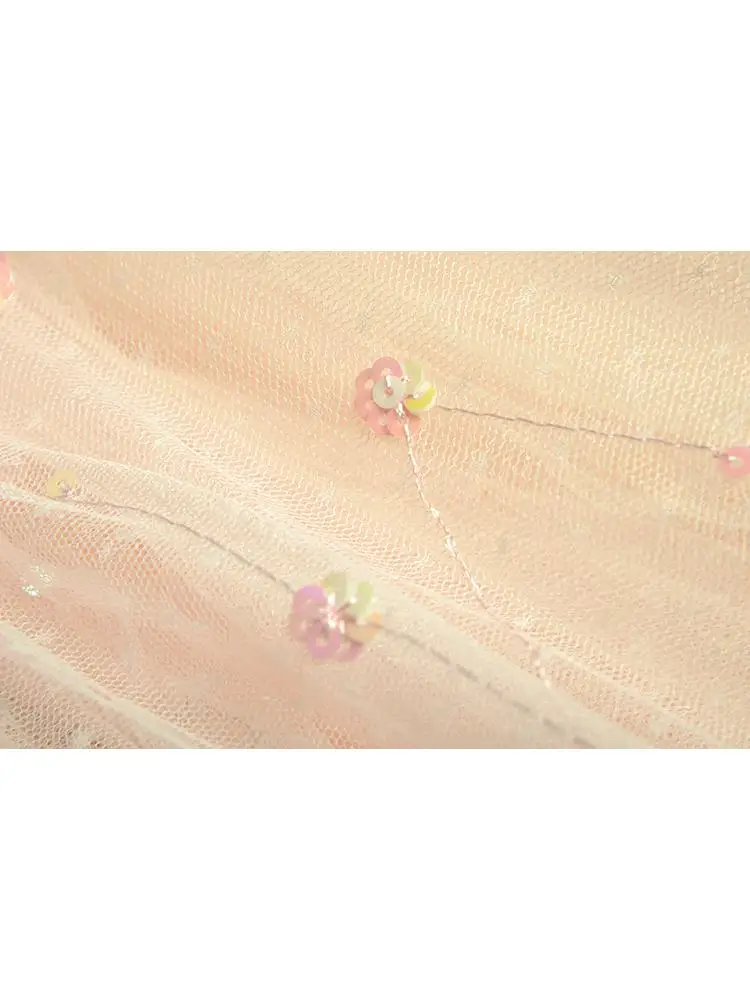 Abito in rete da donna 2025 Paillettes color primaverile Increspato Puffato Orlo grande Prospettiva Abiti lunghi da donna di design stile principessa