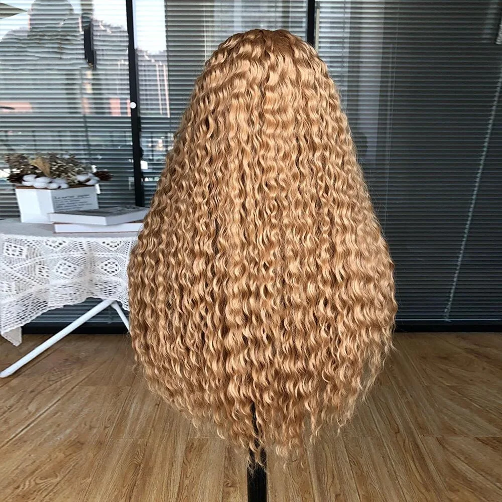 Peruca dianteira com renda loura longa para mulheres, 180% densidade, perverso, encaracolado, pré-arrancado, profundo, cabelo de bebê, sem cola, diariamente, 26 pol