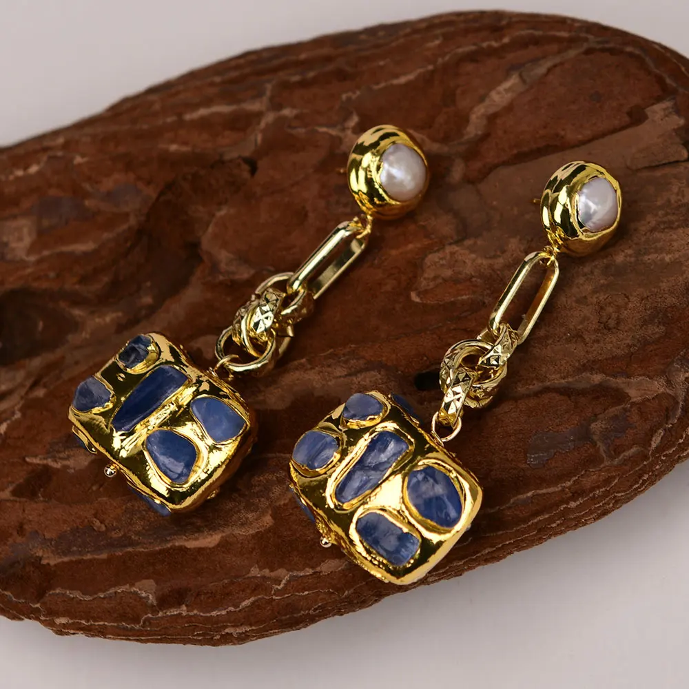 

Natural Blue Kyanite Rectangle Beads White Pearl Stud Dangle Earrings