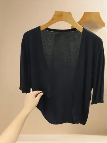 2024 New Black White Women Summer Shawl Short Sleeve Shrug Sweater Mesh Cover Ups Thin Cardigan Casual Wear Cape Knit Crop Top