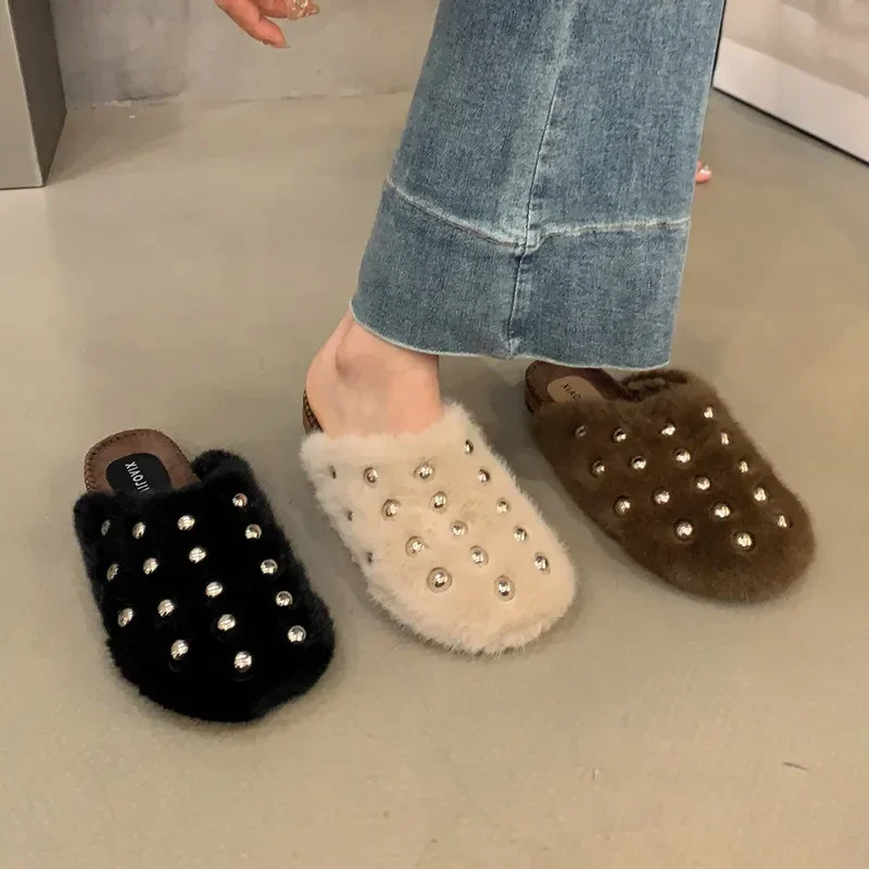 

New Women Flats Fur Slippers Flower Platform Mules Slippers Autumn Ladies Designer Walking Sandals Slingback Flip Flops Dress