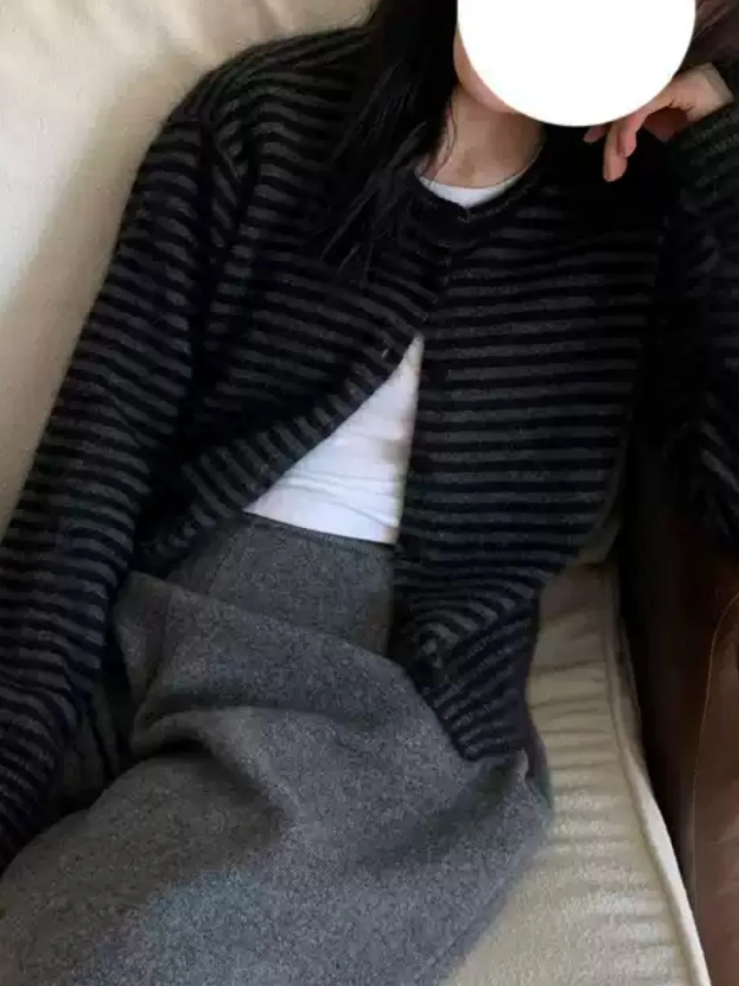 Korean Style Short Knitted Cardigan Women's Sweater Color Block Design Spring Autumn Warm Soft Long Sleeve round Neck Coat