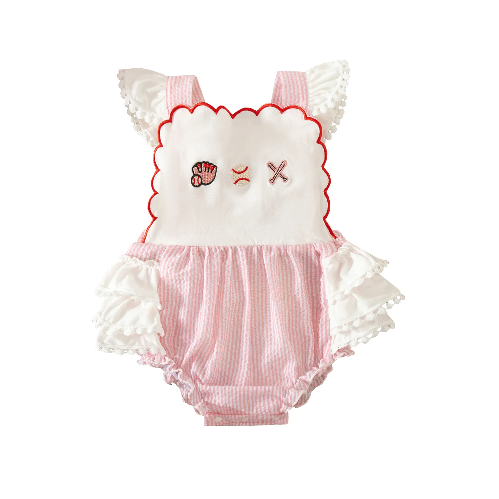 Ready To Ship Lace Fly Sleeve Baby Girl Clothes Baseball Embroidery Boutique Infant Bubble Romper Summer Newborn Clothes