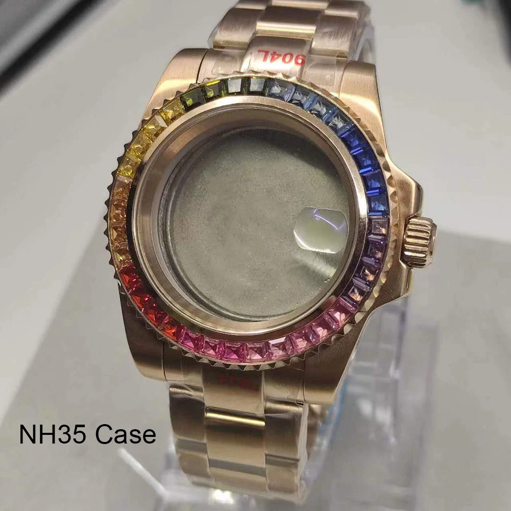 

NH35 Case Inlaid with Brick Diving Case Rose Gold Rainbow Ring Mechanical Stainless Steel Case Suitable for NH35/NH36/4R Mvement