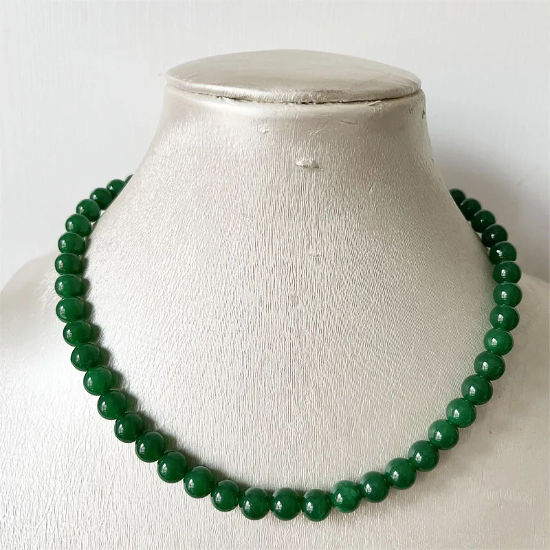 8MM Natural Stone Green Jade Necklace Jadeite Beads Jewelry Fashion Holiday Lucky Amulet Mother's Day Gift for Women Her Men