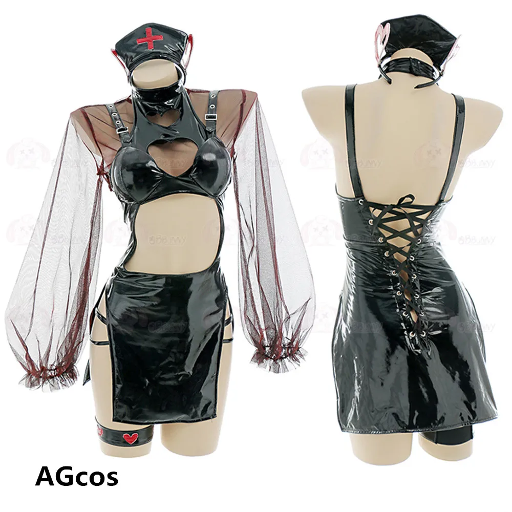 

AGCOS Original Design Transparent Mesh Leather Dark Black Nurse Cosplay Costume Woman Lingeries Junpsuits Sexy Cosplay