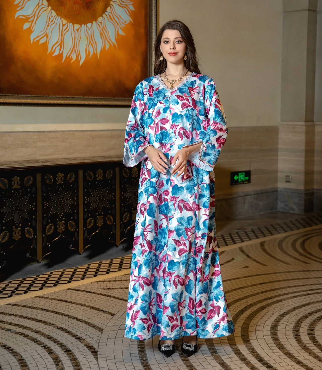 

Fashion Printed Dress Saudi Dubai Muslim Middle Eastern Robe Luxury Diamond Long Sleeves Elegant Evening Dress for Ramadan Party