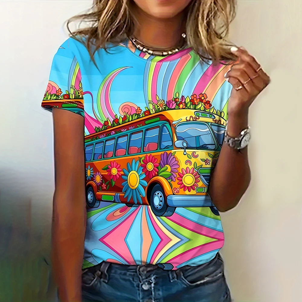 2024 nuova t-Shirt da donna Cartoon Car Print Plus Size Top abbigliamento di tendenza da donna moda manica corta camicia girocollo camicetta divertente