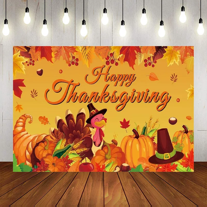 Happy Thanksgiving Photo Backdrop Fall Maple Leaves Turkey Pumpkin Themed Banner Party Decorations Photographic Background