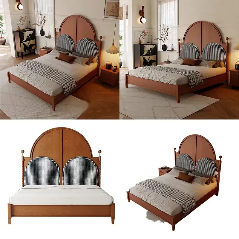 Custom Size King Bed Mid Century Modern Design Solid Pine Frame Fabric Headboard Eco Friendly Soft Bedroom Furniture