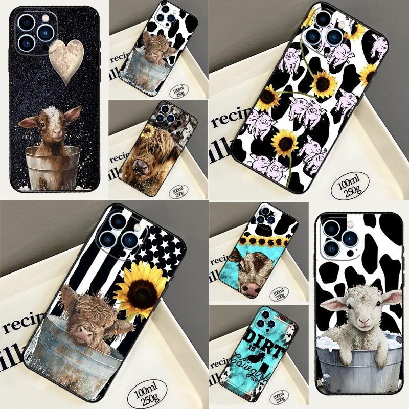 Western Highland Cow Sunflower Phone Case For iPhone 14 11 12 13 15 Pro Max Mini X XR XS MAX SE 7 8 Plus Silicone Cover Case