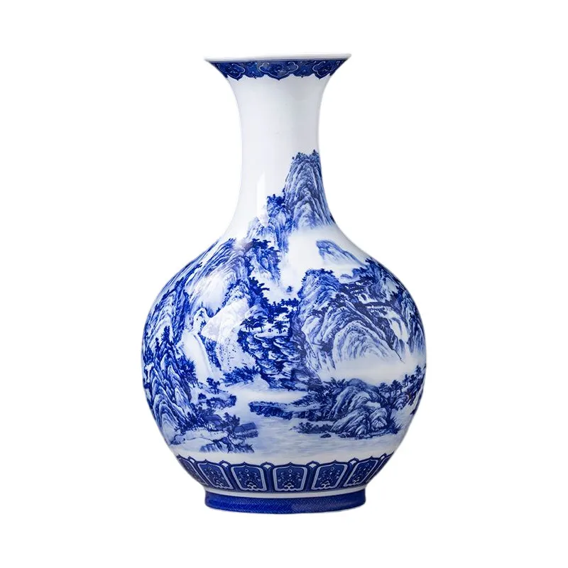 Jingdezhen Ceramic Blue And White Porcelain Vase Featuring A Landscape Decorative Big Vase Chinese-style living room