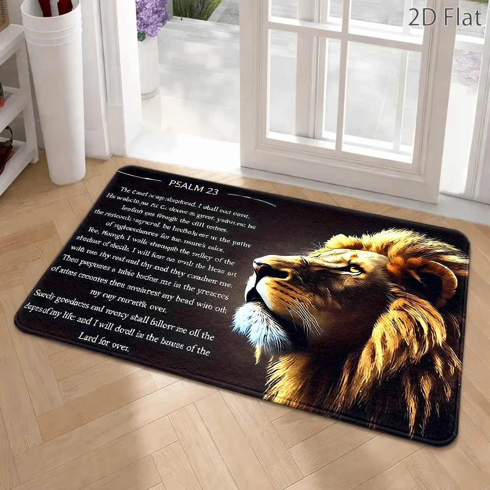 Large Lion Face 2D Print Doormat Entrance Mat Religious Psalm 23 Christian Bible Verse Inspirational Home Decor Rug for Entryway