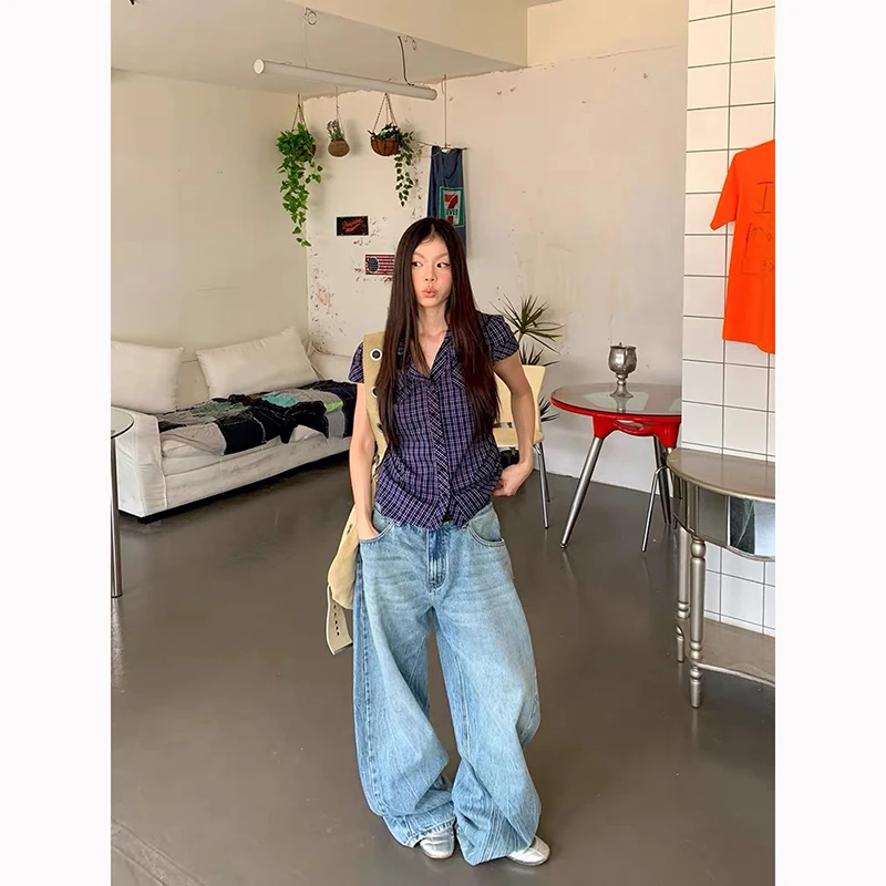 ZHIZOU Jesień 2025 Jeansy damskie z wysokim stanem Niebieskie Jeansy American Vintage Streetwear Y2K Szerokie Nogawki Spodnie Jeansowe Luźne Spodnie Denimowe w Stylu Lat 2000