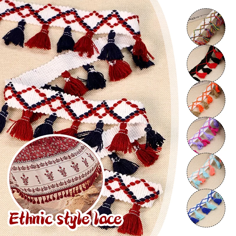 1m kleurrijke etnische stijl kwastje kant voor doe-het-zelf vrouwen jurk rok rand hangende kwast decoratie handgemaakte doe-het-zelf kledingmaterialen