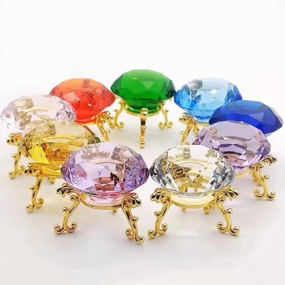 60/80mm K9 Crystal Diamond Paperweight Rainbow Maker Wedding Decoration Office Home Decor Ornaments with Gold Metal Base