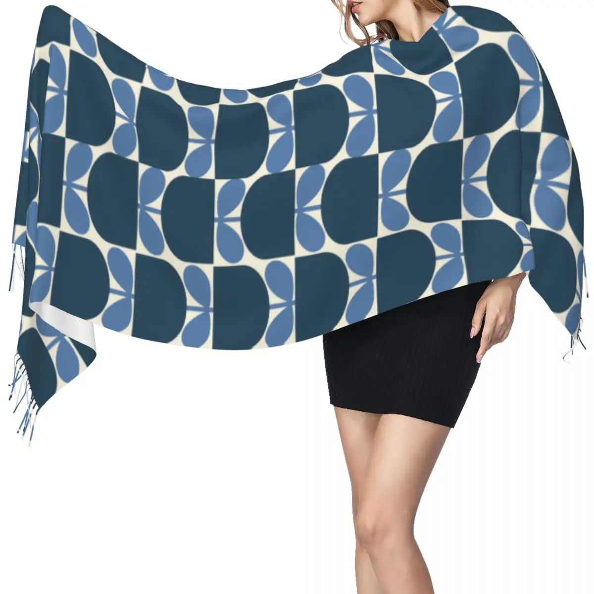 Custom Blue Block Flower Tassel Scarf Women Soft Orla Kiely Shawls Wraps Ladies Winter Fall Fashion Versatile Female Scarves