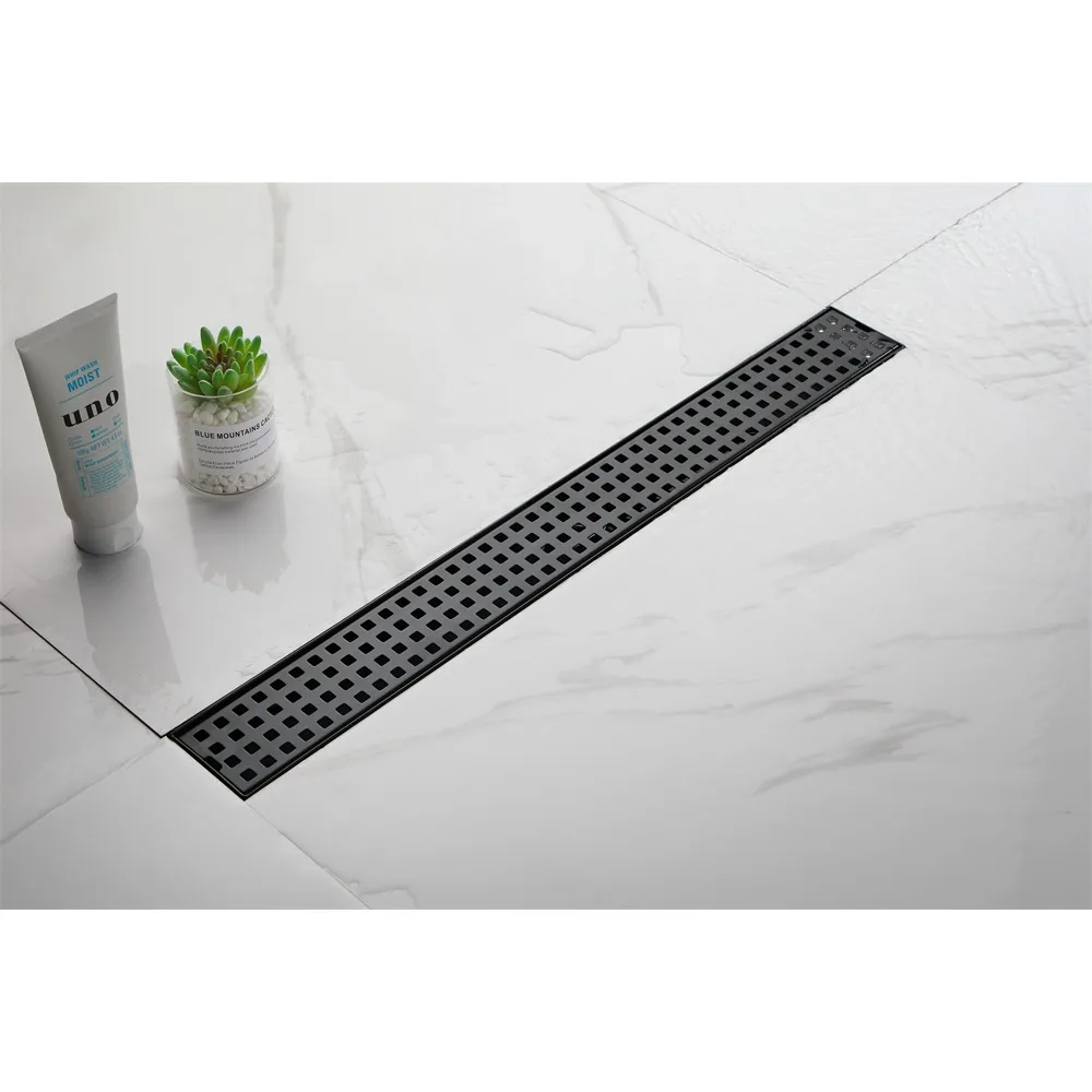 24 Inches Linear Shower Drain with Removable Quadrato Pattern Grate, 304 Stainless Shower Drain Included Hair Strainer