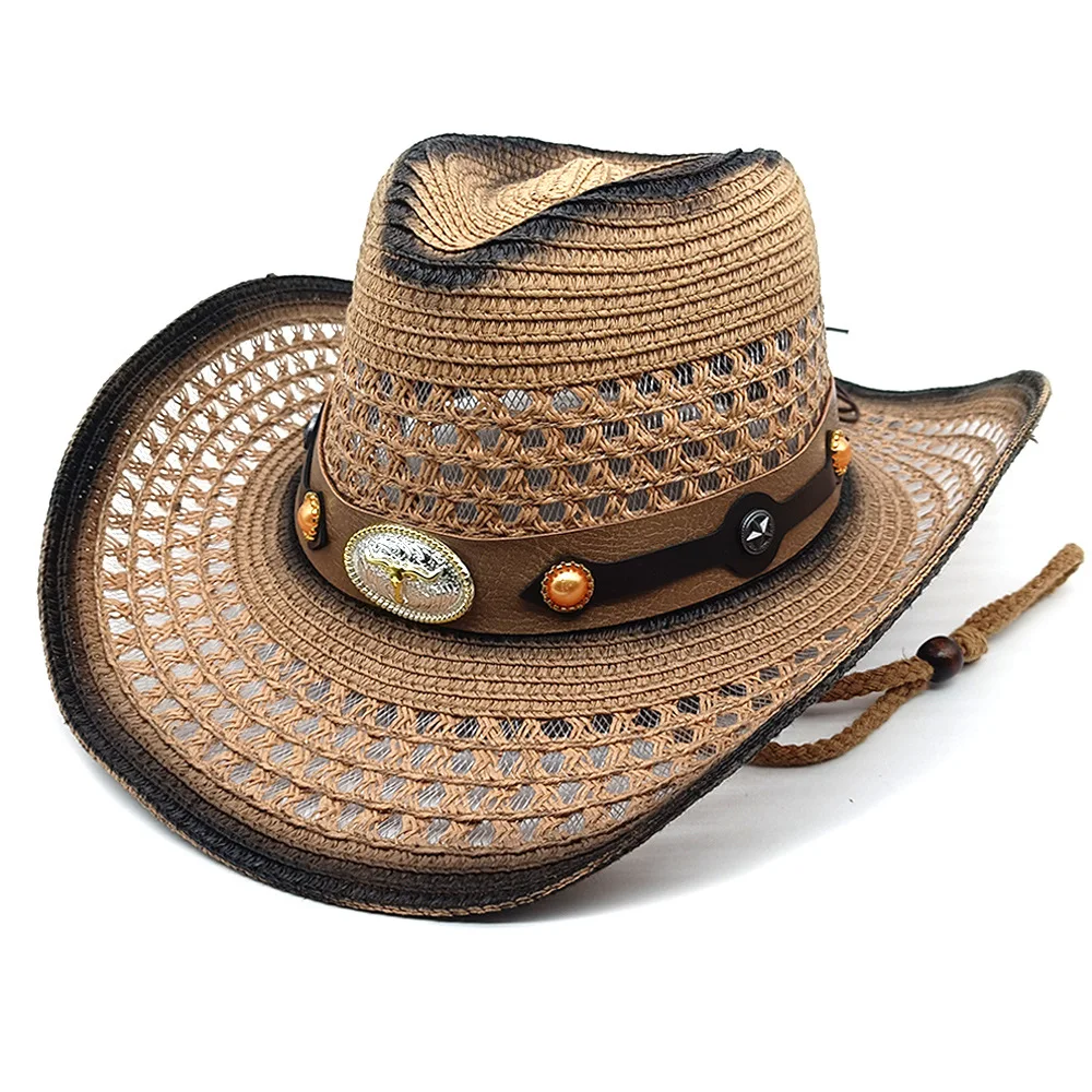 Retro zomer strohoed Western cowboyhoeden Verstelbare zomerstrandzonbescherming Zonnekap voor mannen en vrouwen Trekkoord