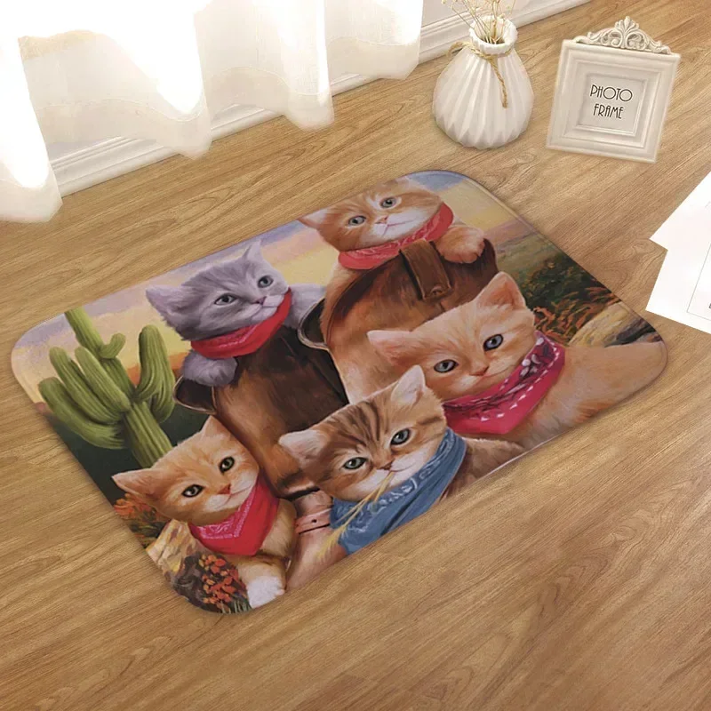 Retro Cartoon Cat Pattern Entrance Doormat Cute Cats Non Slip Bathroom Carpet Home Decor Kitchen Floor Mat Rugs for Bedroom