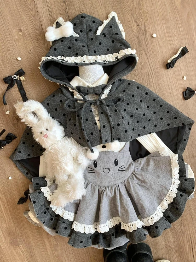 

Kawaii Lolita Cat Ear Outfit Set Women Hooded Cape 3-piece Set Sweet Girl Winter Cloak Lace Bow Japanese Fashion Skirt Suit New