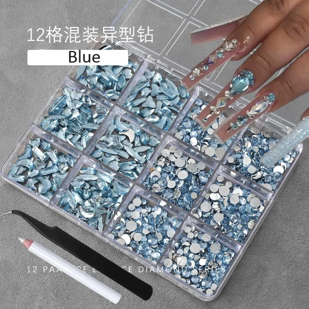12Grids 3D Christmas Red Nail Art Rhinestones+Pen&Tweezers Multi-Shape Flatback Diamond Nail Charms DIY Crafts Toy Gems Decor *