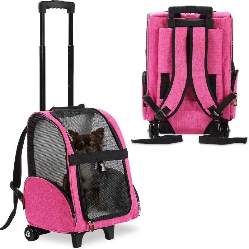 

Wholesale 2-in-1 Pet Rolling Backpack & Carrier - Pink, Mesh Window, Trolley & Backpack Design