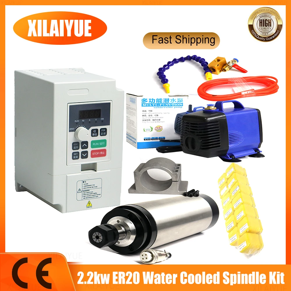 2.2kw ER20 Water Cooled Spindle Kit CNC Spindle 2.2kw&2.2kw Inverter&80mm Spindle Bracket&80w Water Pump for CNC Milling machine