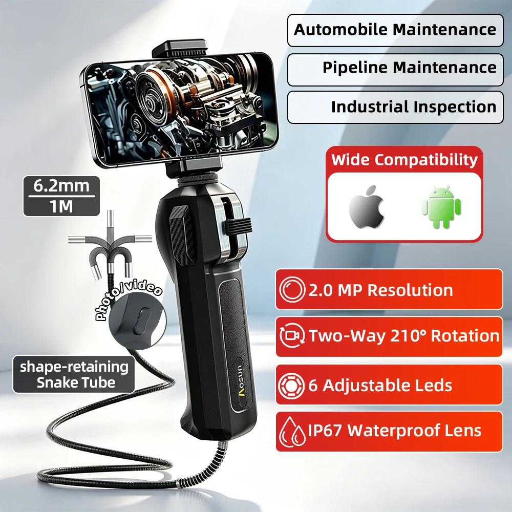 AOSUN N09 6.2mm Lens Two‑way 210° Articulating Endoscope Camera and 1m Shape-retaining Snake Tube for Android and iOS