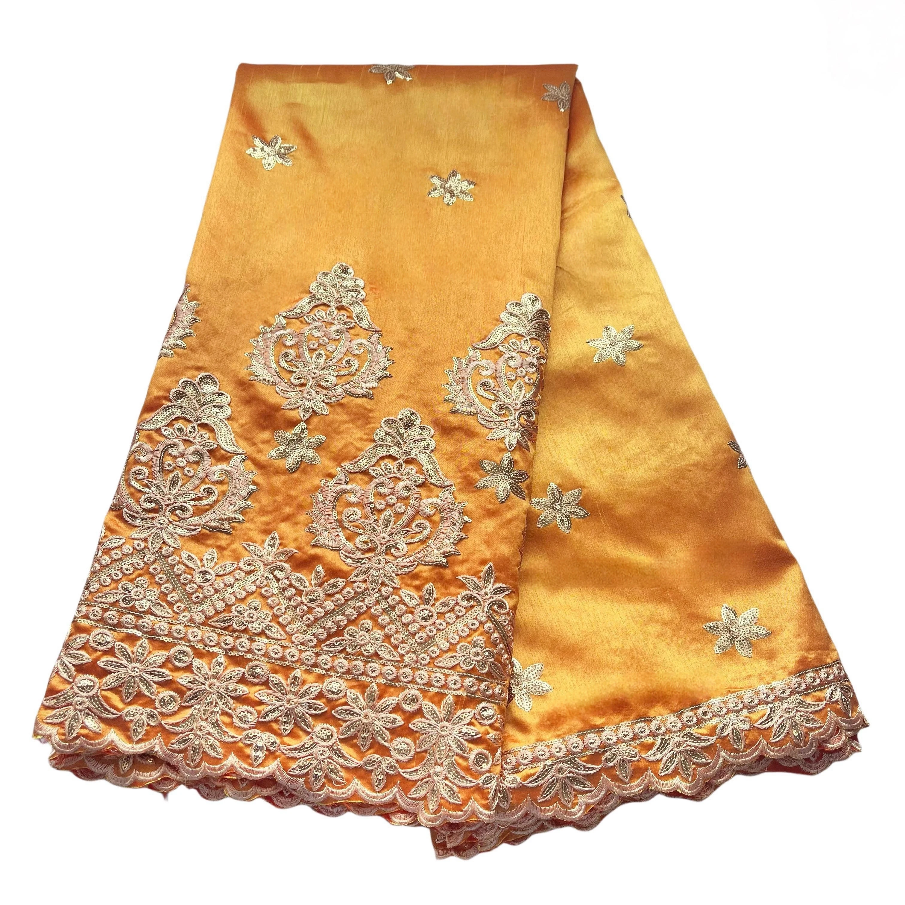 YQOINFKS Orange George Lace Fabric Nigerian on Sale Exquisite Sewing Craft Silk Party Dresses for Women Banquet Party KY-3013