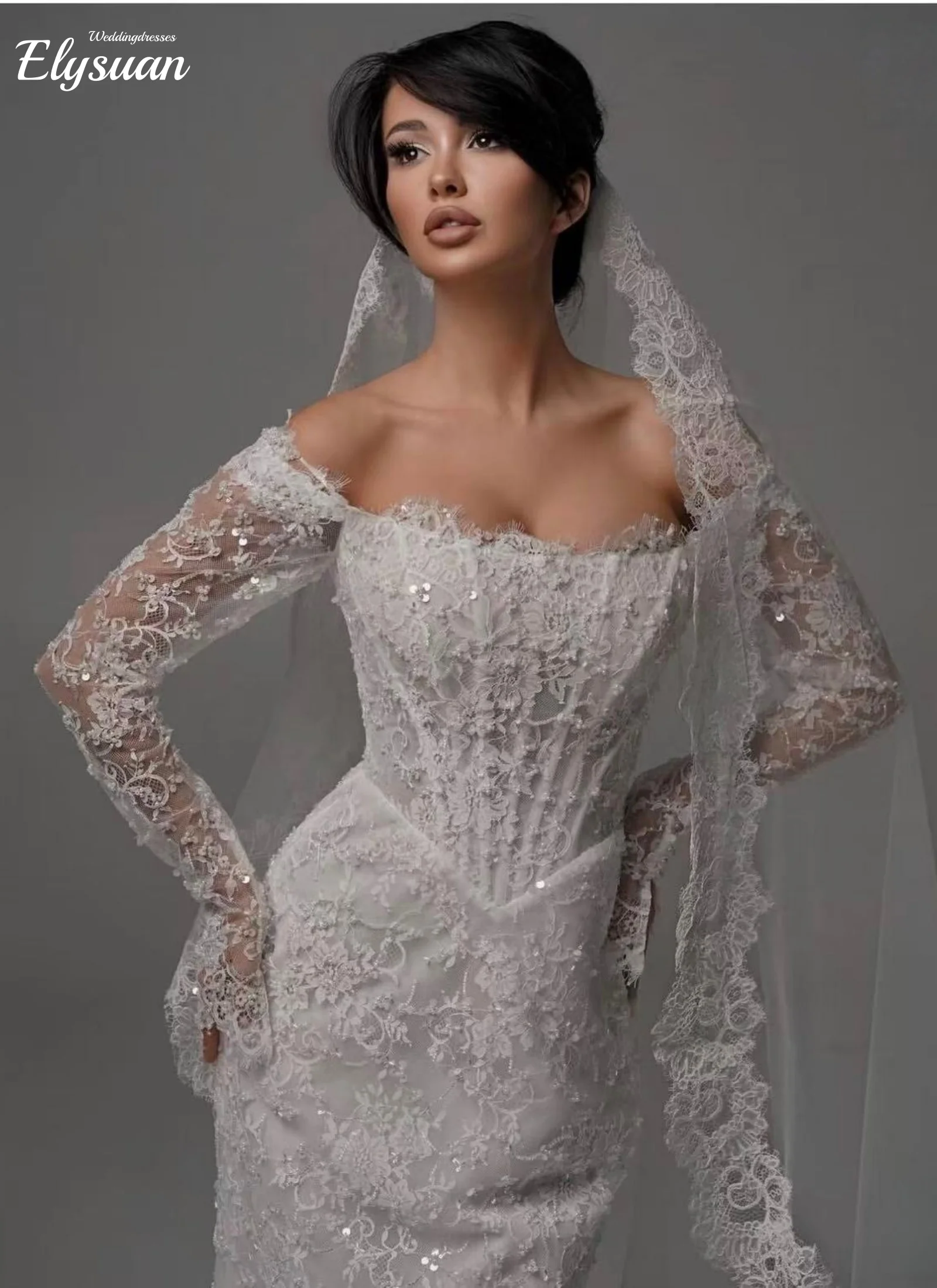 Robes de mariée sirène en forme de cœur, personnalisées, élégantes, avec des Appliques complètes, épaules dénudées, manches longues