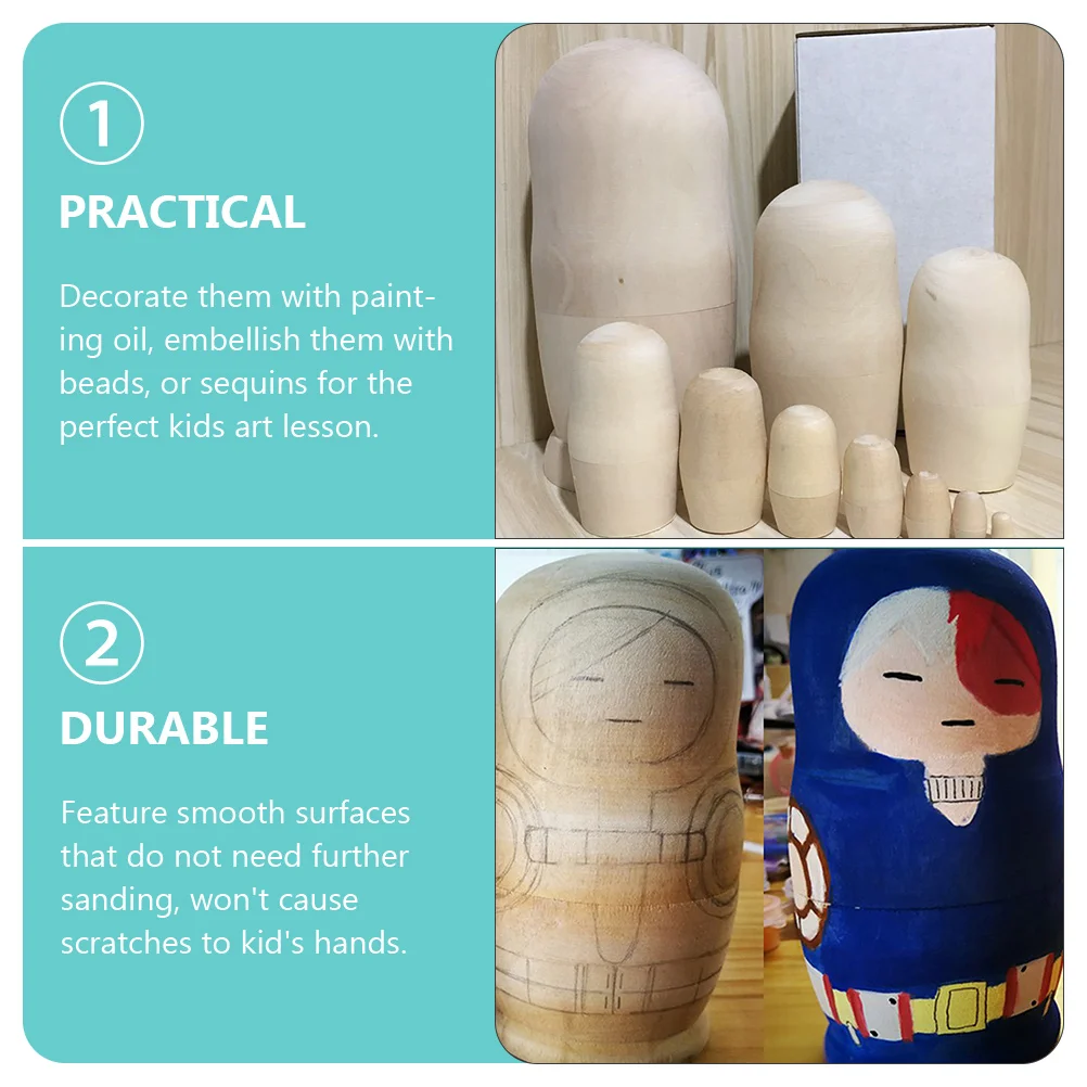 1세트 DIY 블랭크 러시아 마트료시카 나무 무도색 세트 매끄러운 표면 어린이 색칠 학습 공예