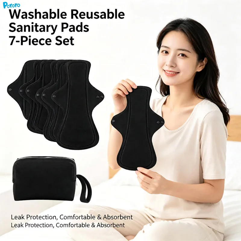 7Pcs Black Cotton Reusable Washable Menstrual Pads Set With Storage Bag Absorbent Leakproof Postpartum Night Cloth Sanitary Pads
