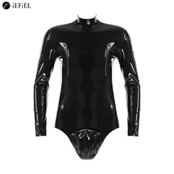 Mens Faux Leather Long Sleeve Double Zipper Leotard Latex Bodysuit One Piece Wet Look Buttons Crotch Jumpsuit Bodycon Clubwear