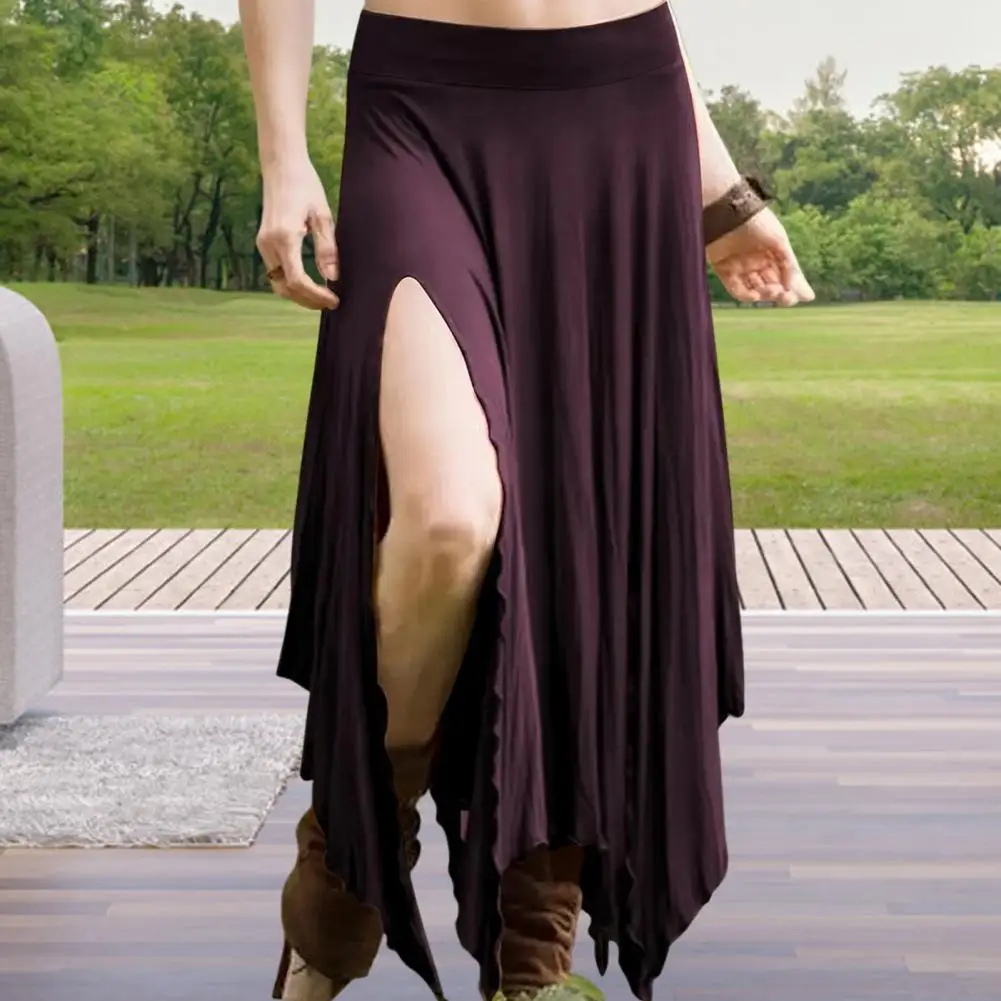 กระโปรงผู้หญิงสีทึบเอวสูงไม่สม่ําเสมอ Hem กระโปรงยาวด้านข้าง Slit Design Slimming กระโปรงทํางานสวมใส่ทุกวัน