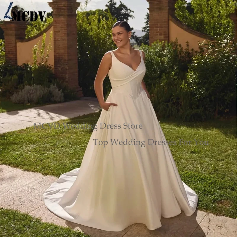

Custom Minimalism Simple Wedding Dress V Neck A Line Sleeveless Satin Bridal Gown Plus Size V Back Buttons Elegant Bride Modest