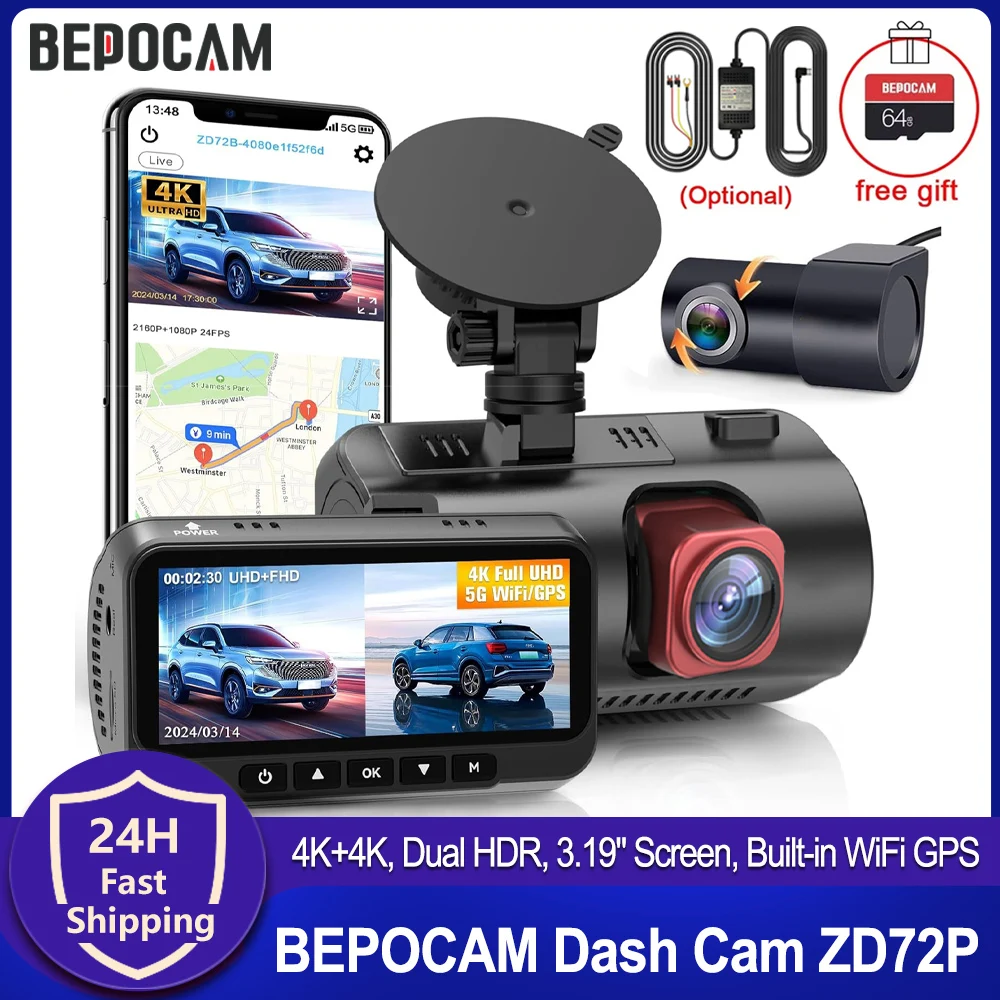 BEPOCAM Dual 4K Dash Cam Built-in GPS WiFi Car DVR IR Night Vision 24H Parking Mode Monitor Free 64GB SD Card